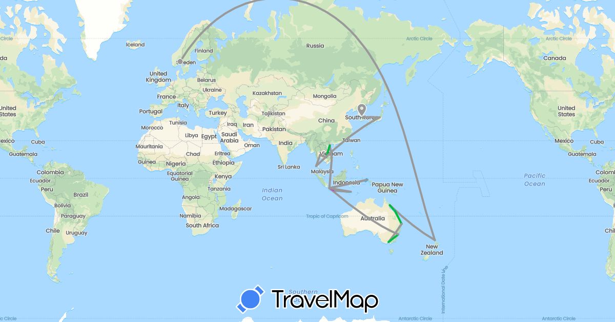 TravelMap itinerary: driving, bus, plane, train, boat in Australia, Indonesia, Japan, Cambodia, South Korea, Norway, New Zealand, Thailand, Vietnam (Asia, Europe, Oceania)